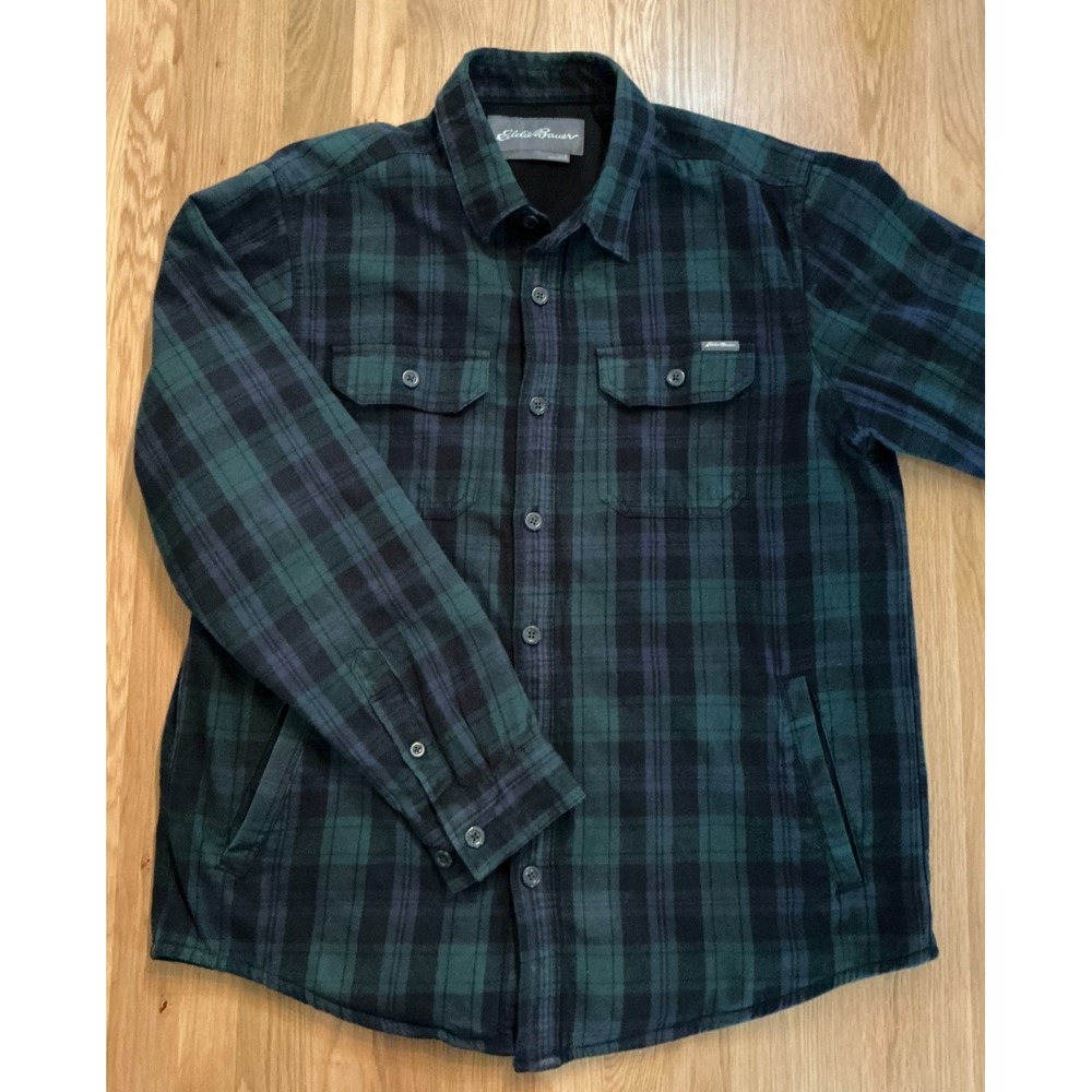 Eddie Bauer Men's L Fleece Lined Plaid Shacket‎ Shirt Jacket Blue Green Black